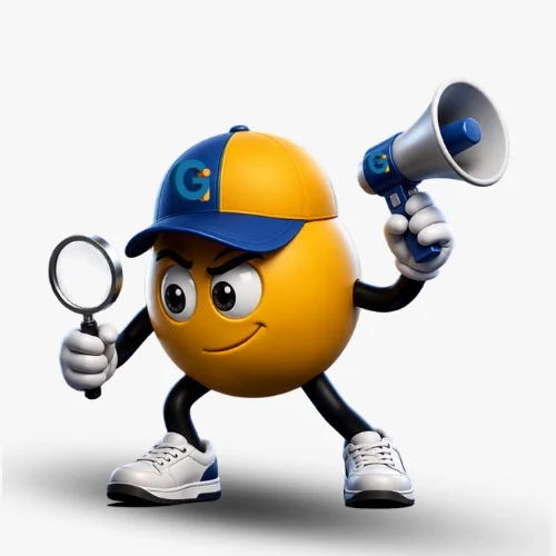 Mascote do Guia Indicador segurando uma lupa e um megafone