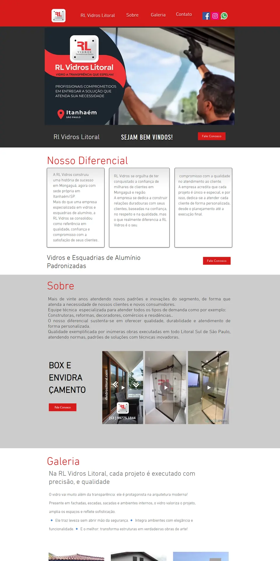 Página inicial do site da RL Vidros Litoral